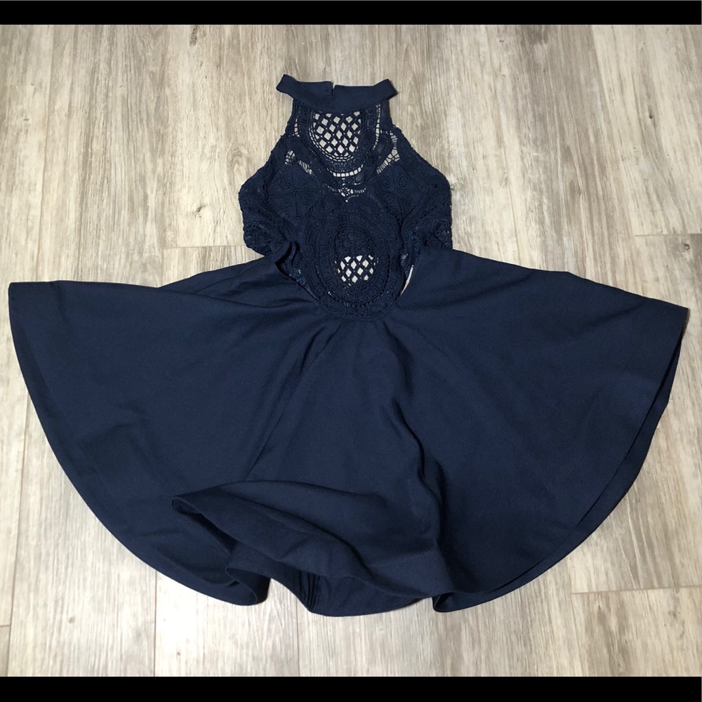 Navy mini sleeveless dress with crocheted bodice
